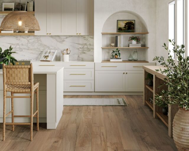 When it comes to prepping for the holidays, kitchen mishaps are inevitable – but that’s part of the fun! Make sure your home can stand up to all the extra cooking, baking, and hosting this season with @manningtonfloors Restoration Collection® Laminate! These super durable floors give you the beautiful look and feel of real hardwood with the added convenience of ScratchResist® protection and SpillShield®Plus Waterproof Technology. Flooring shown: Heirloom | Color: Cedar